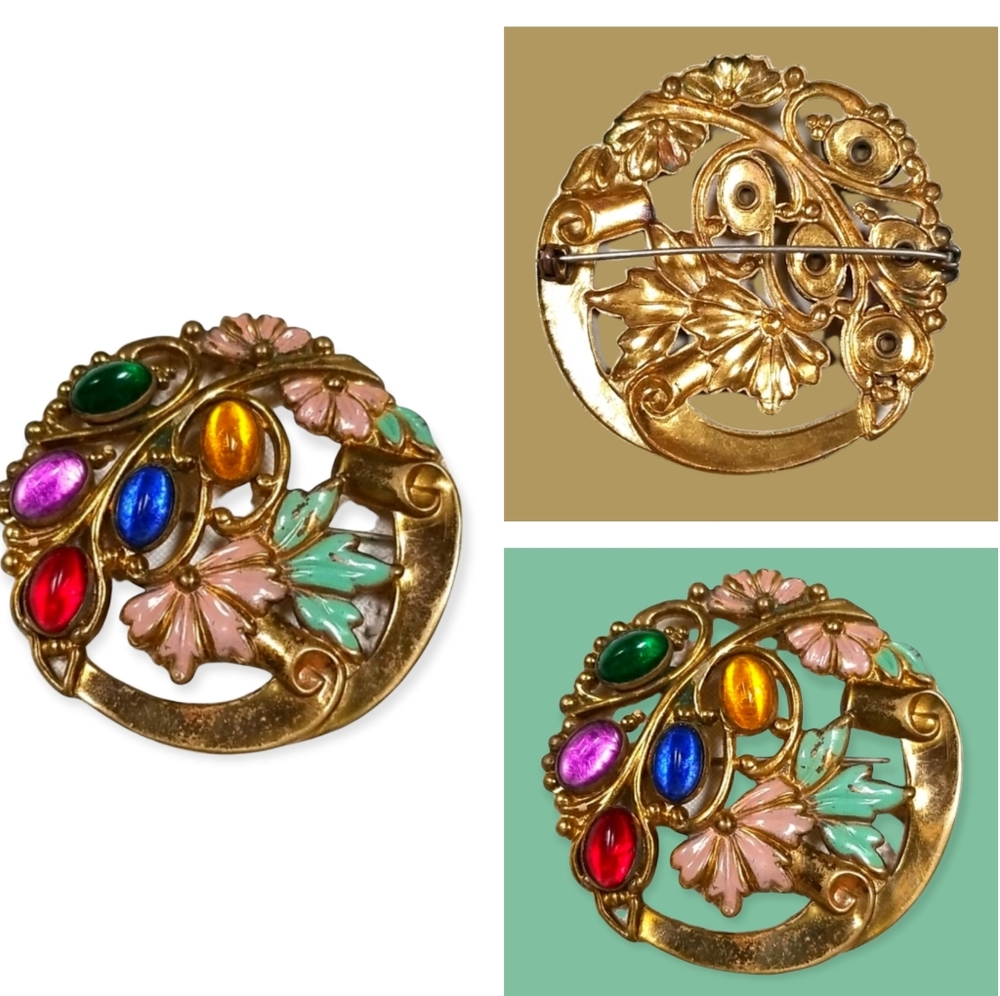 Vintage 1920s Art Deco Enamel Flower Rhinestone Brooch